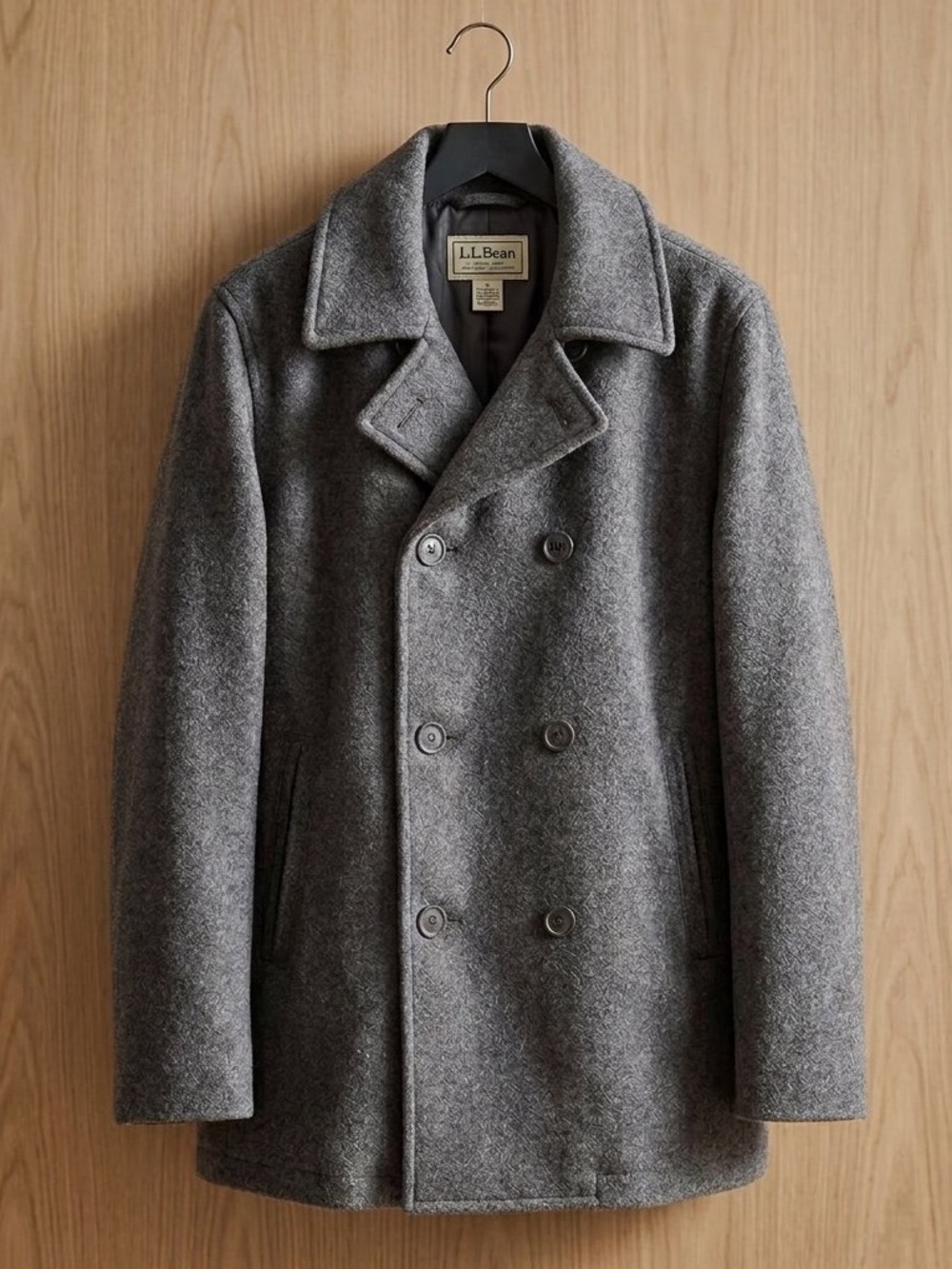 L.L. Bean Men's Wool Peacoat Grey 2XL Tall Double Breasted Heavy Winter Coat